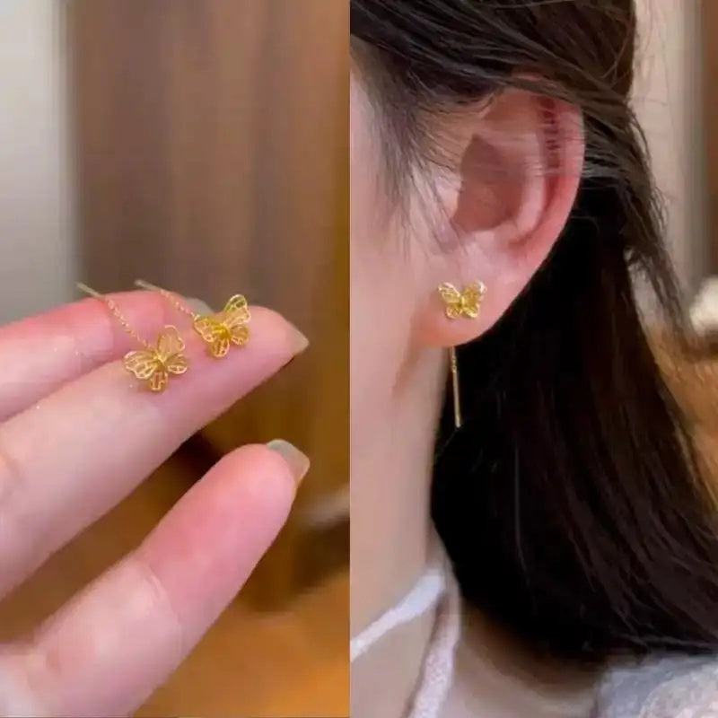Gold Hollow Butterfly Tassel Drop Earrings