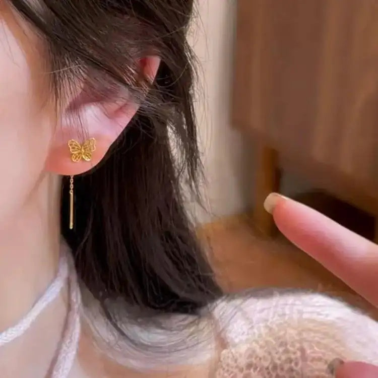 Gold Hollow Butterfly Tassel Drop Earrings