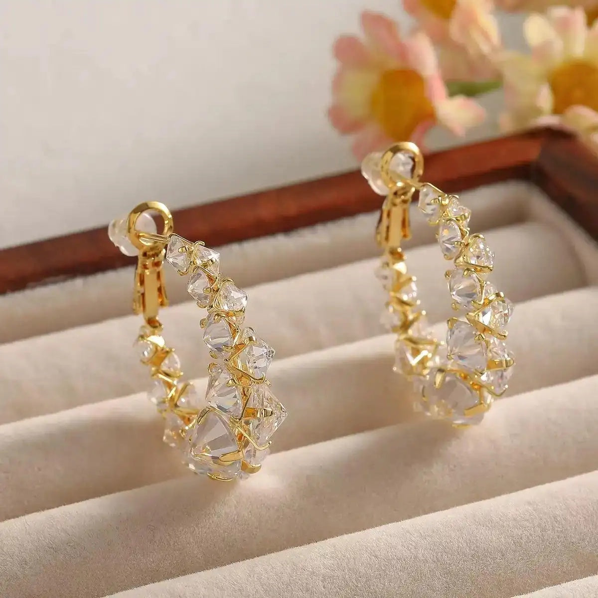 Gold Leaf Crystal Hoop Earrings