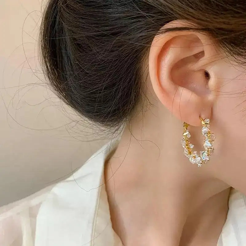 Gold Leaf Crystal Hoop Earrings