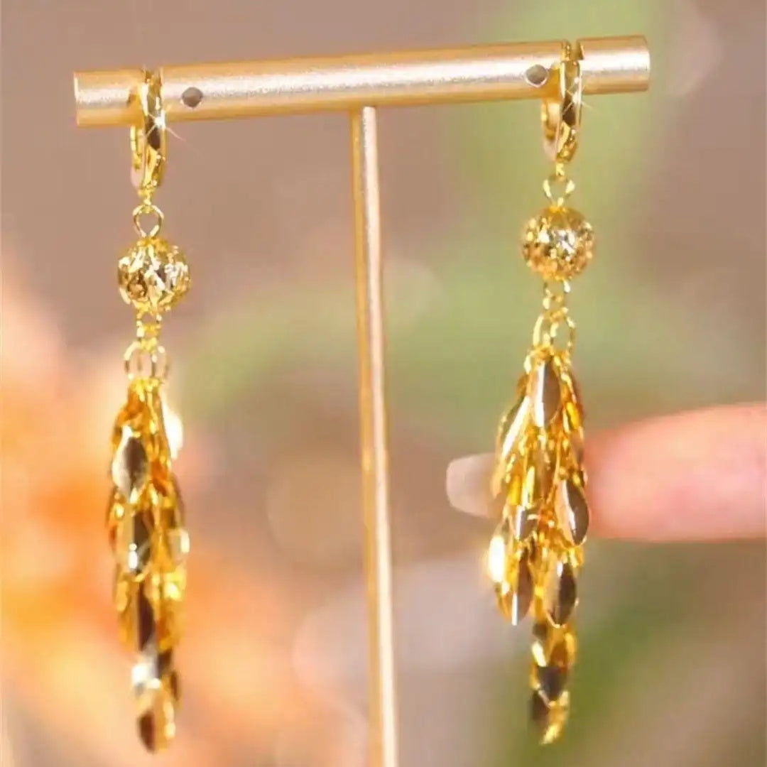 Gold Leaf Tassel Drop Earrings