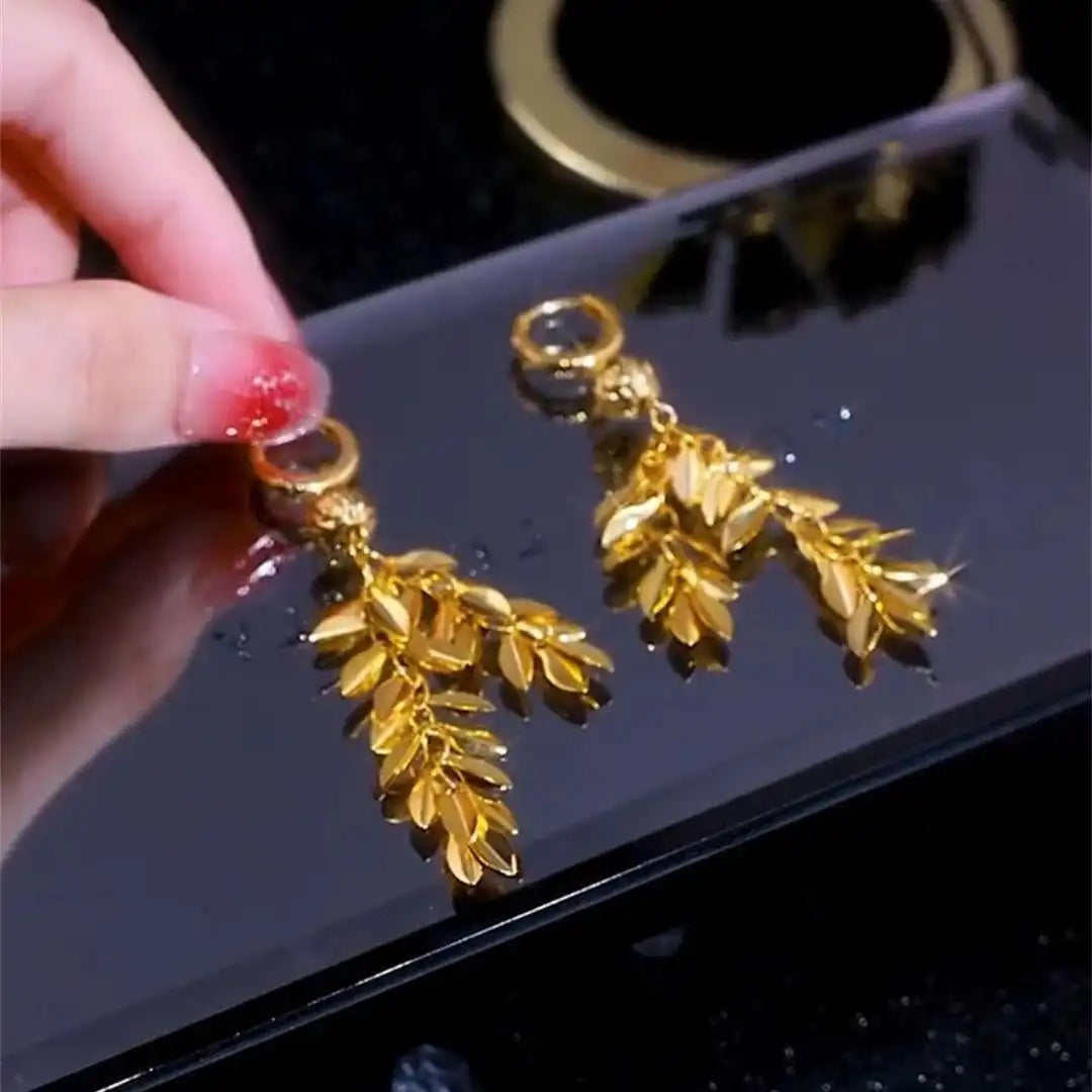Gold Leaf Tassel Drop Earrings