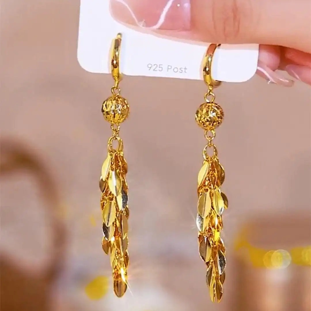 Gold Leaf Tassel Drop Earrings
