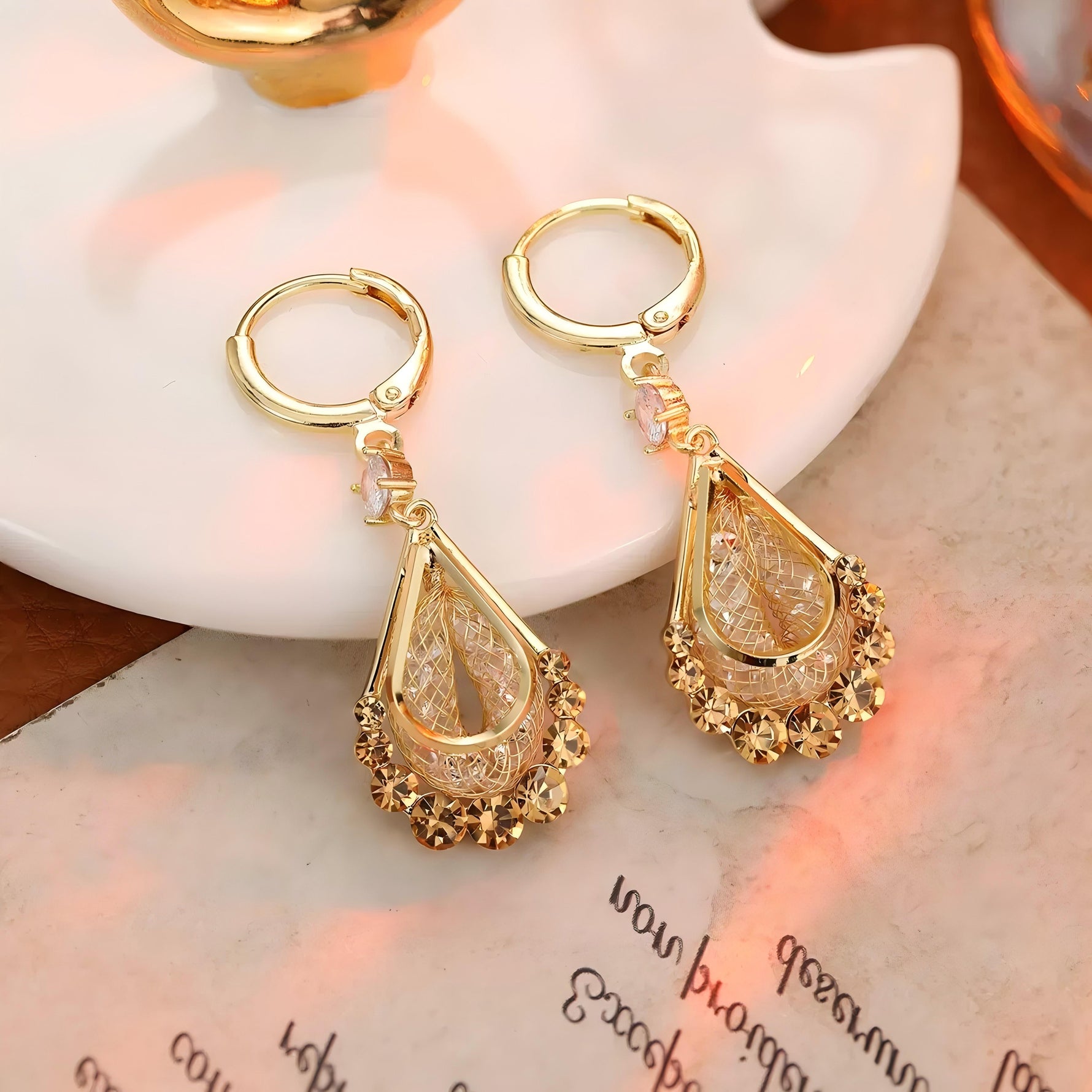 Gold Mesh Teardrop Long Drop Earrings