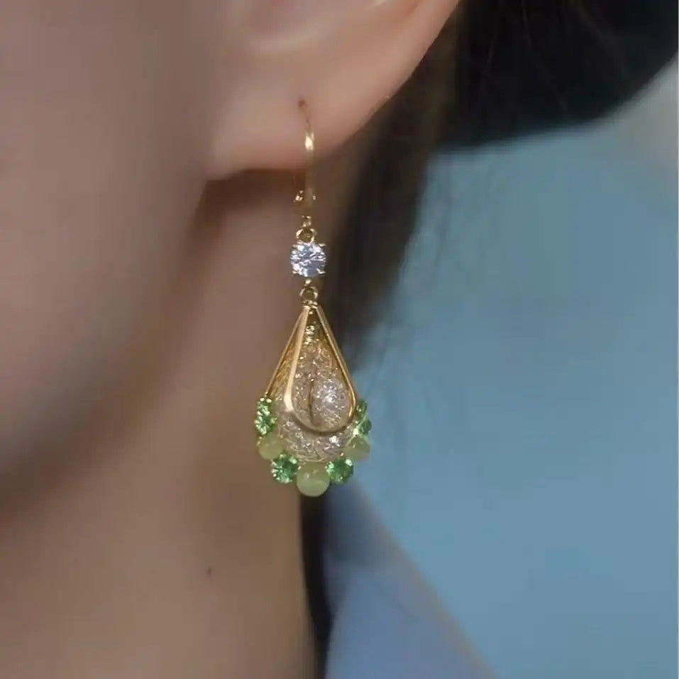 Gold- Mesh Three-Color Crystal Drop Earrings