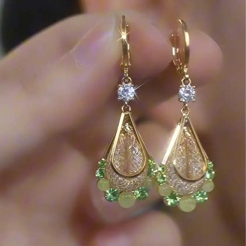 Gold- Mesh Three-Color Crystal Drop Earrings