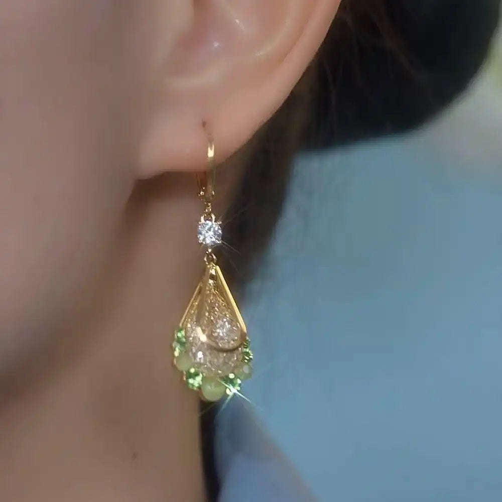Gold- Mesh Three-Color Crystal Drop Earrings