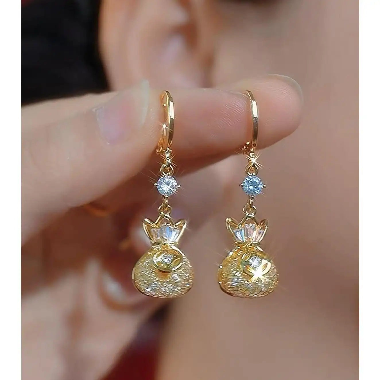 Gold Money Bag Crystal Stud Earrings