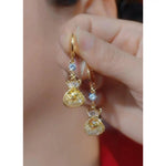 Gold Money Bag Crystal Stud Earrings