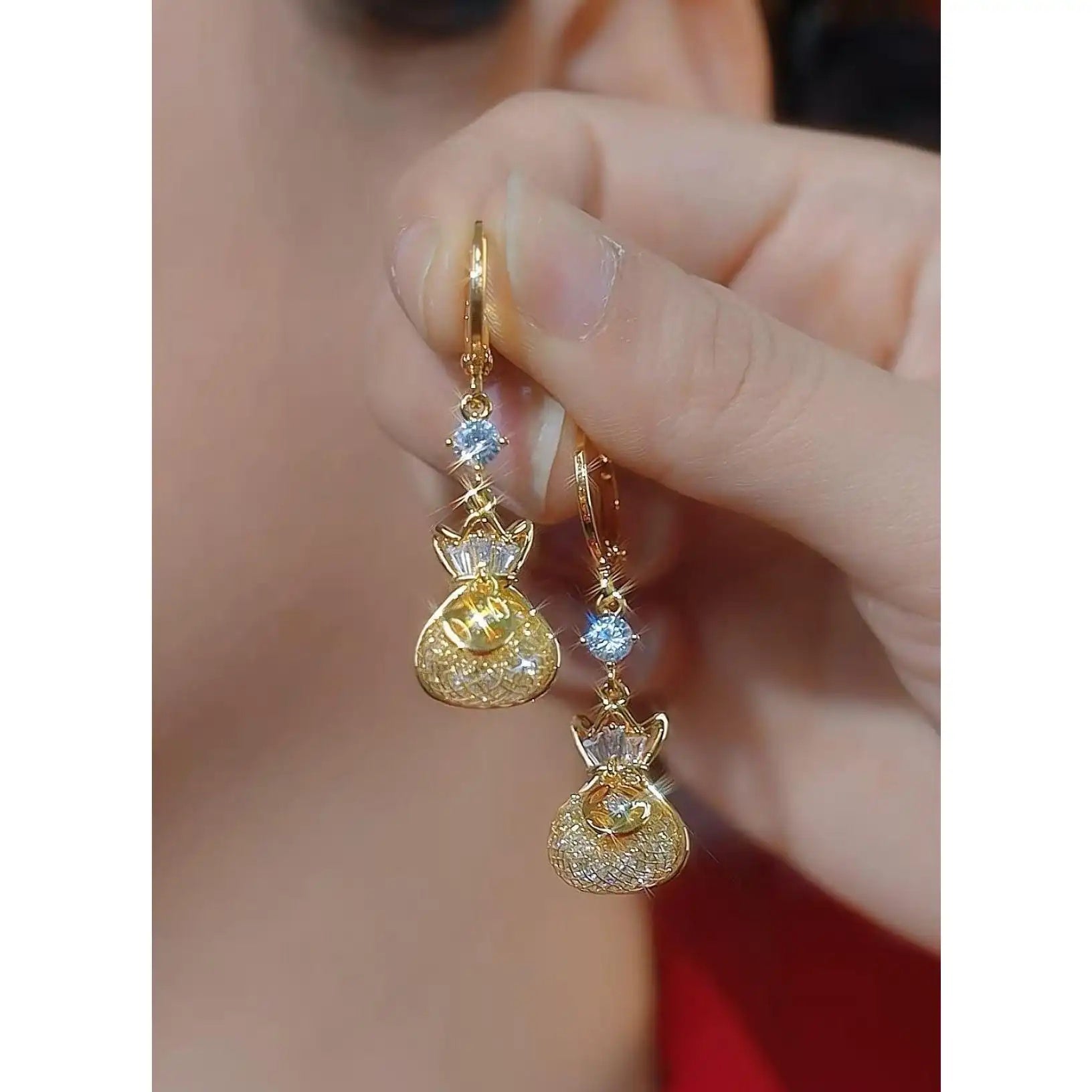 Gold Money Bag Crystal Stud Earrings