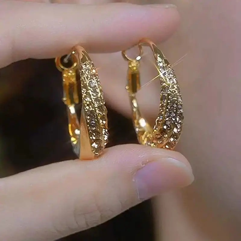 Gold Needle Crystal Round Hoop Earrings
