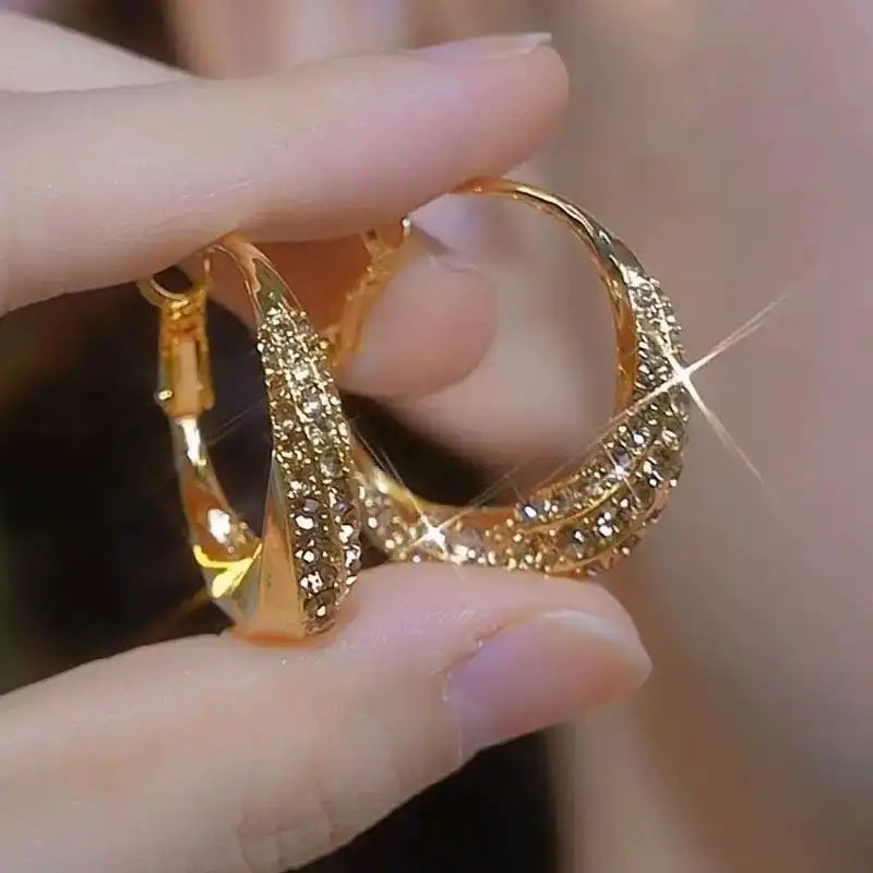 Gold Needle Crystal Round Hoop Earrings