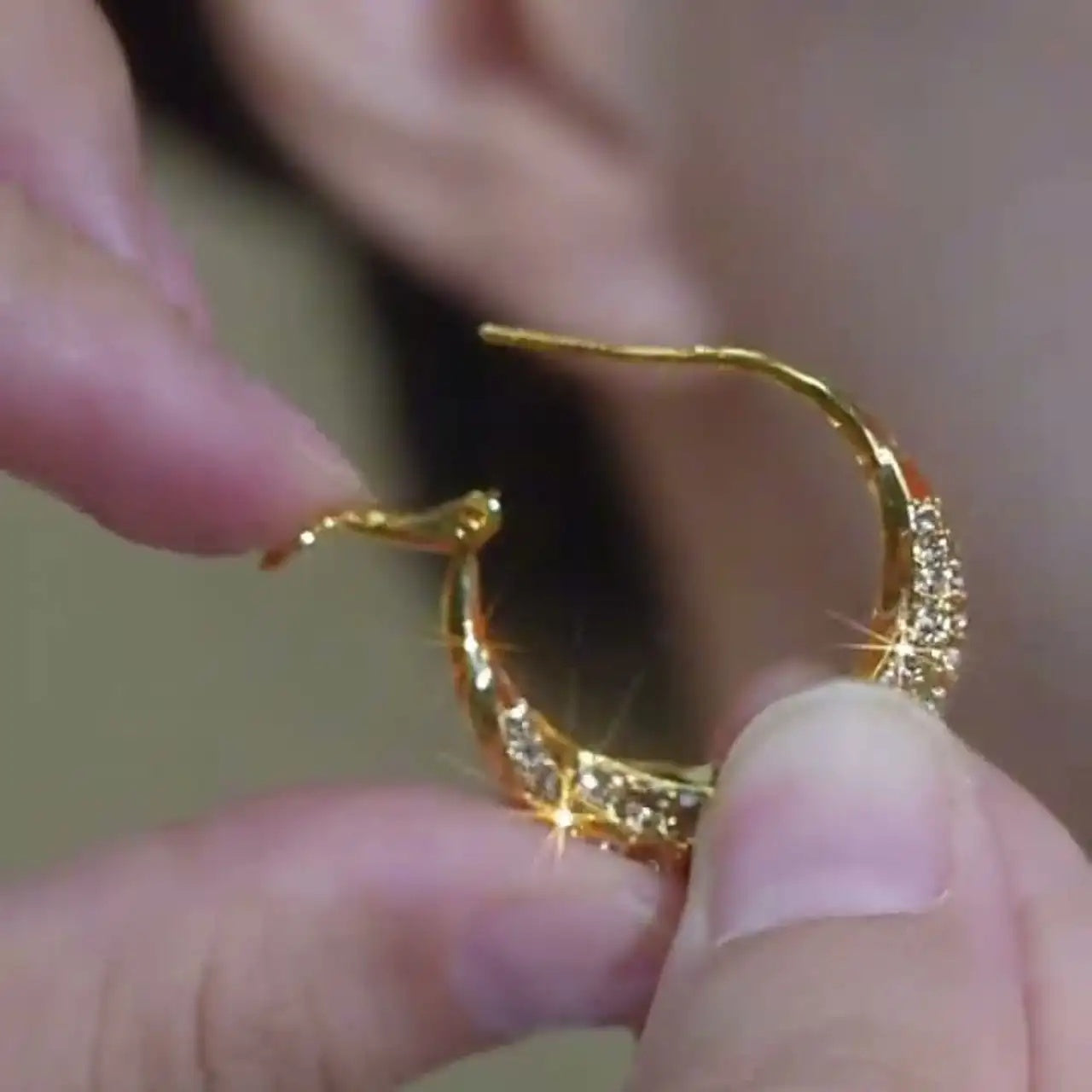 Gold Needle Crystal Round Hoop Earrings