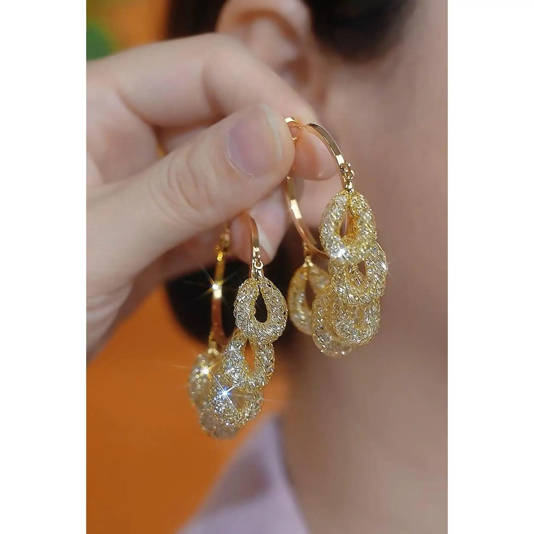 Gold Oval Crystal Tassel Drop Earrings