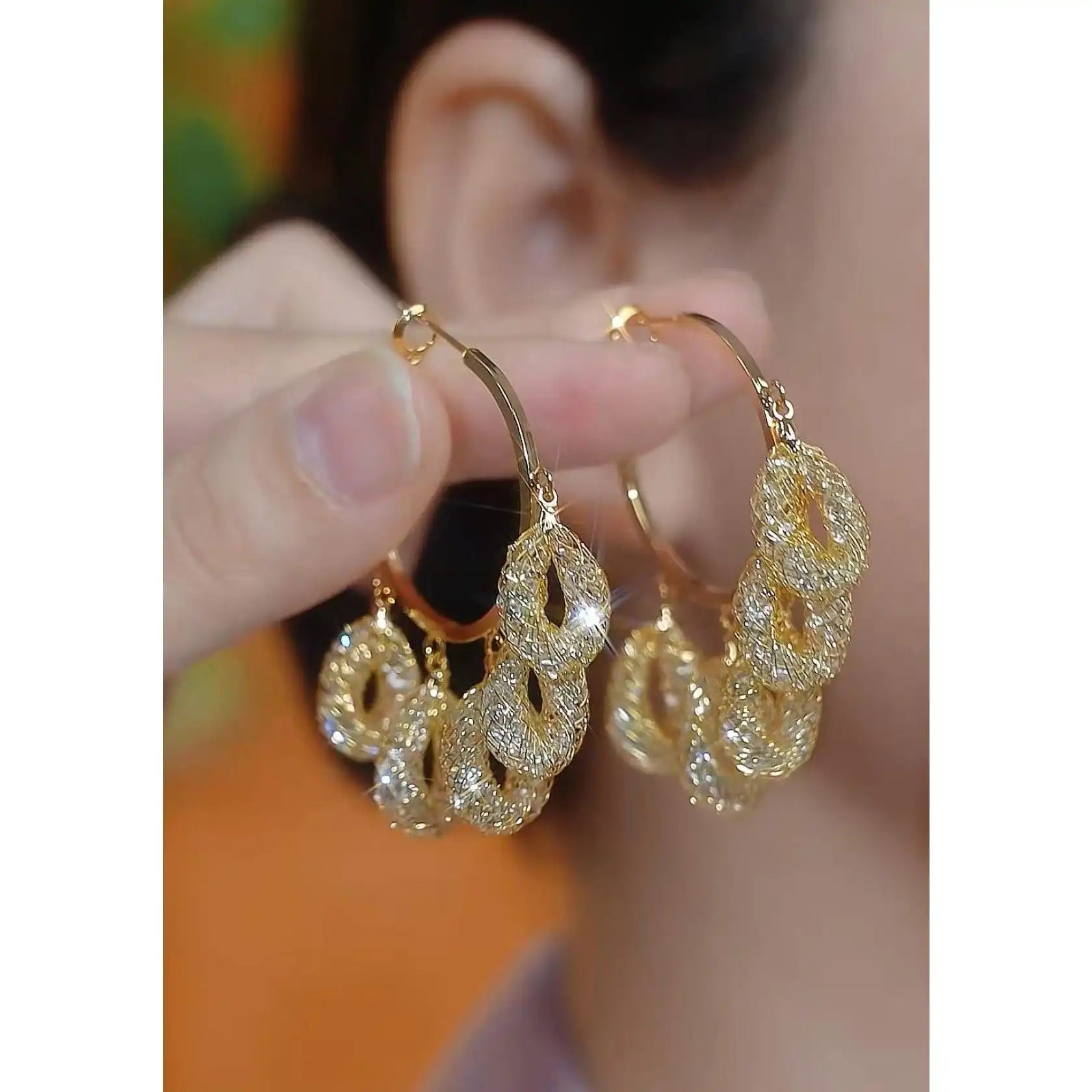 Gold Oval Crystal Tassel Drop Earrings