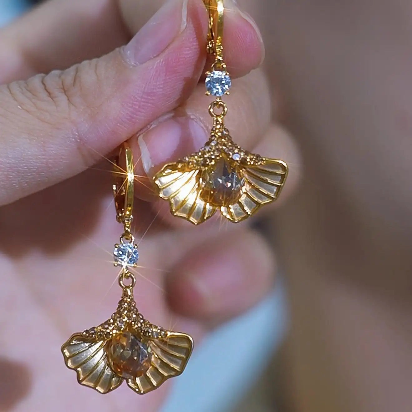 Gold Petal Ginkgo Leaf Drop Earrings