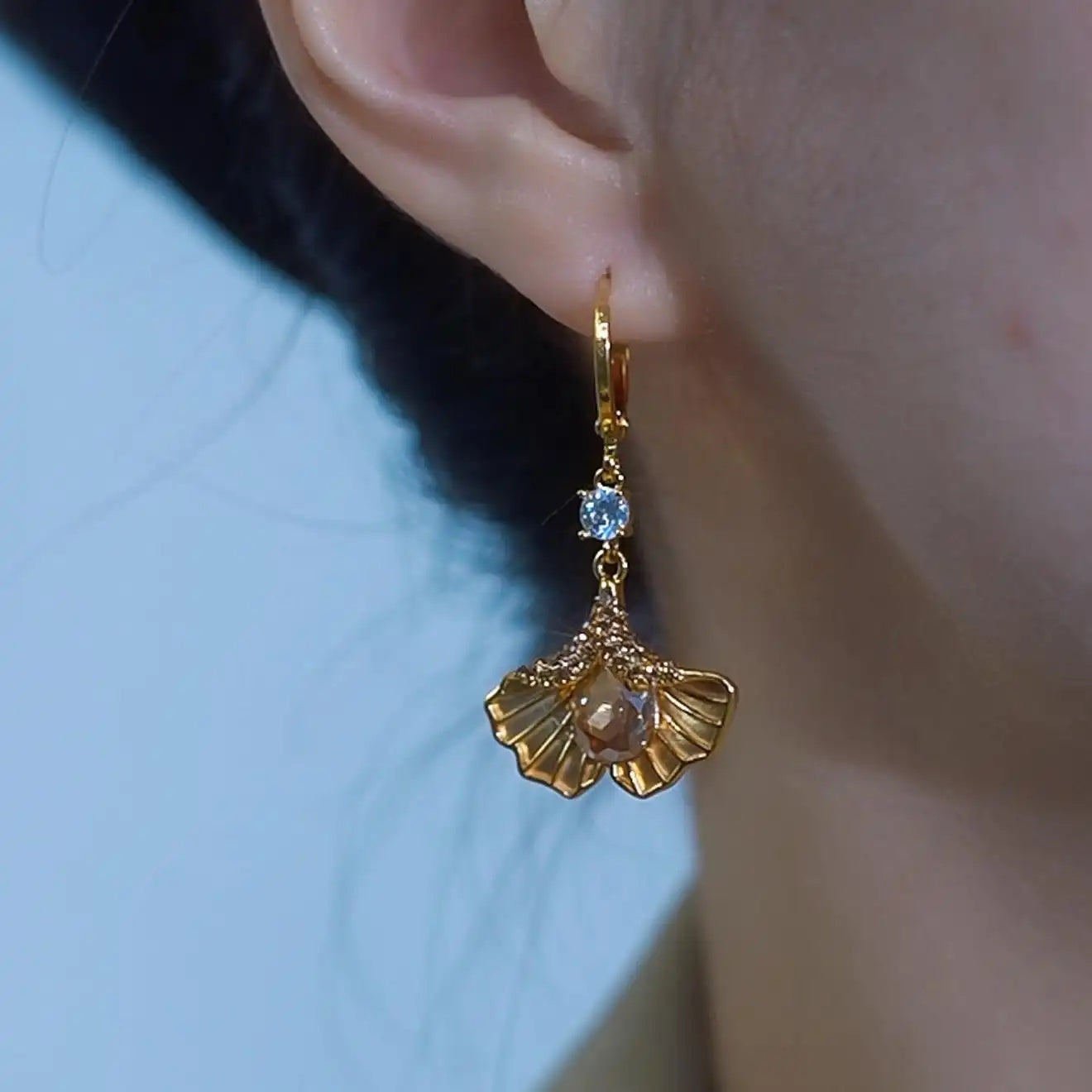 Gold Petal Ginkgo Leaf Drop Earrings
