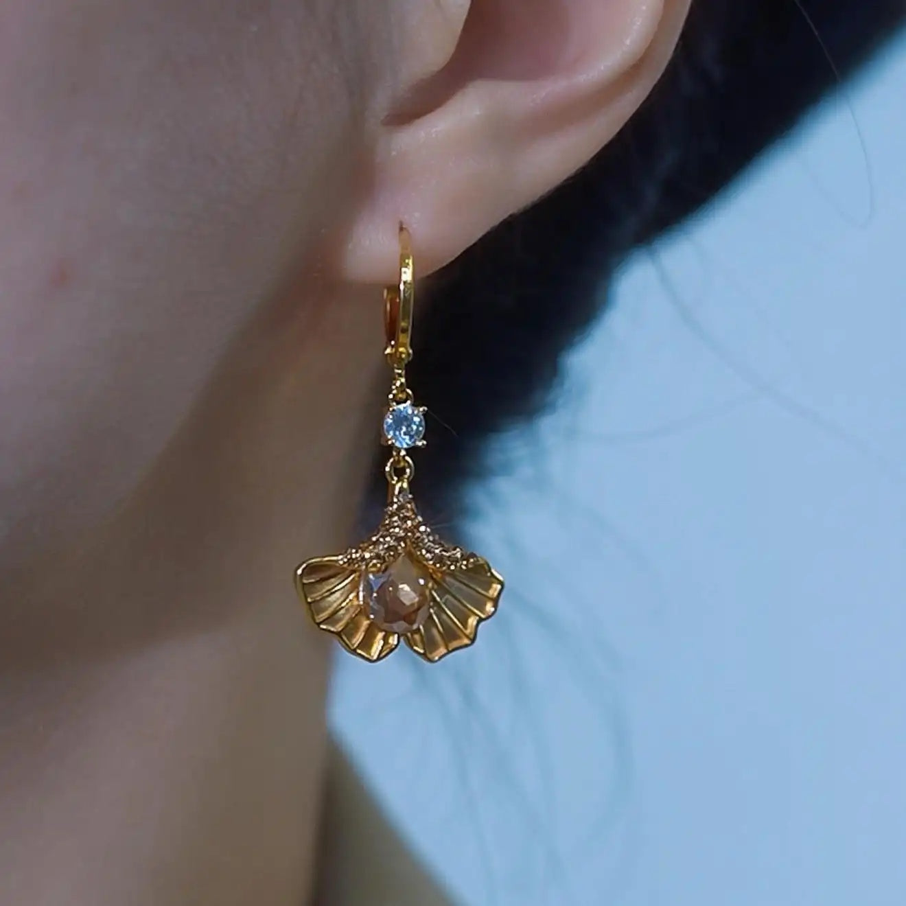 Gold Petal Ginkgo Leaf Drop Earrings