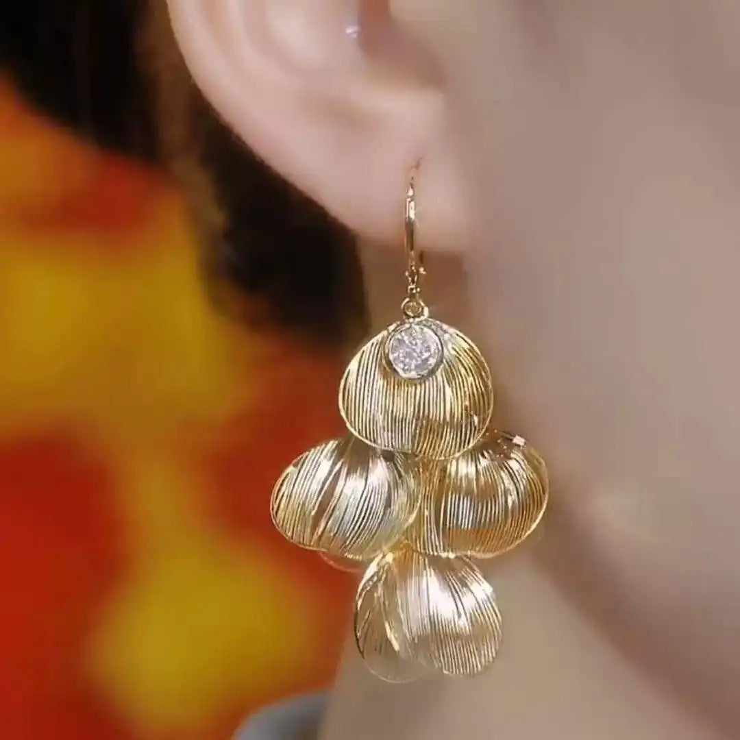 Gold Petal Tassel Crystal Floral Drop Earrings