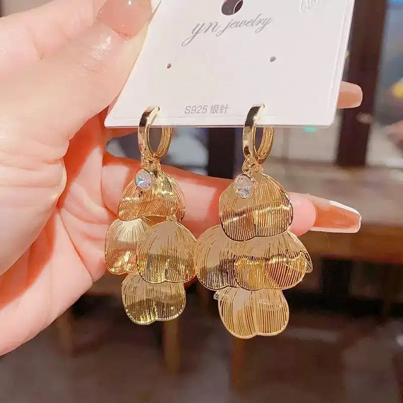 Gold Petal Tassel Crystal Floral Drop Earrings