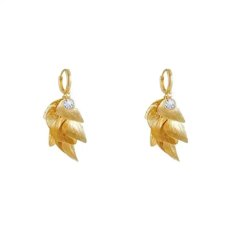 Gold Petal Tassel Crystal Floral Drop Earrings
