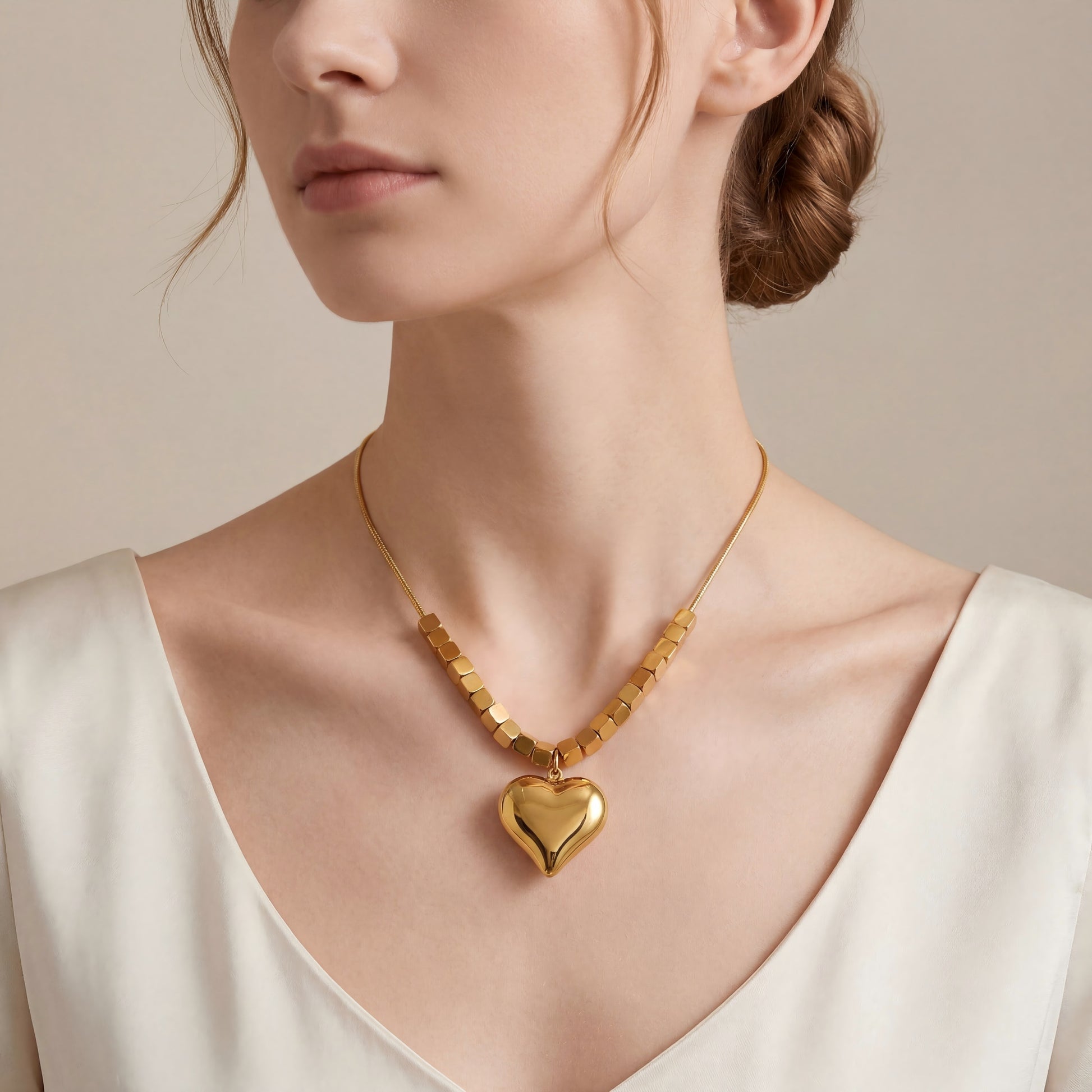 Cube Chain Puffed Heart Pendant Necklace