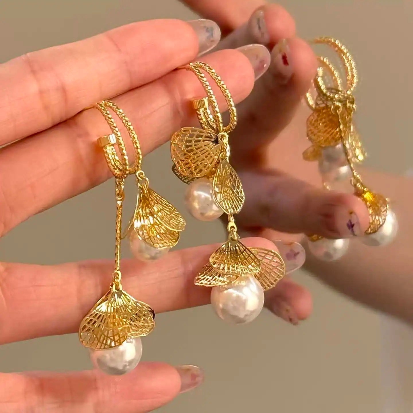 Gold Tassel Ginkgo Leaf Pearl Drop Earrings