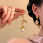 Gold Tassel Ginkgo Leaf Pearl Drop Earrings