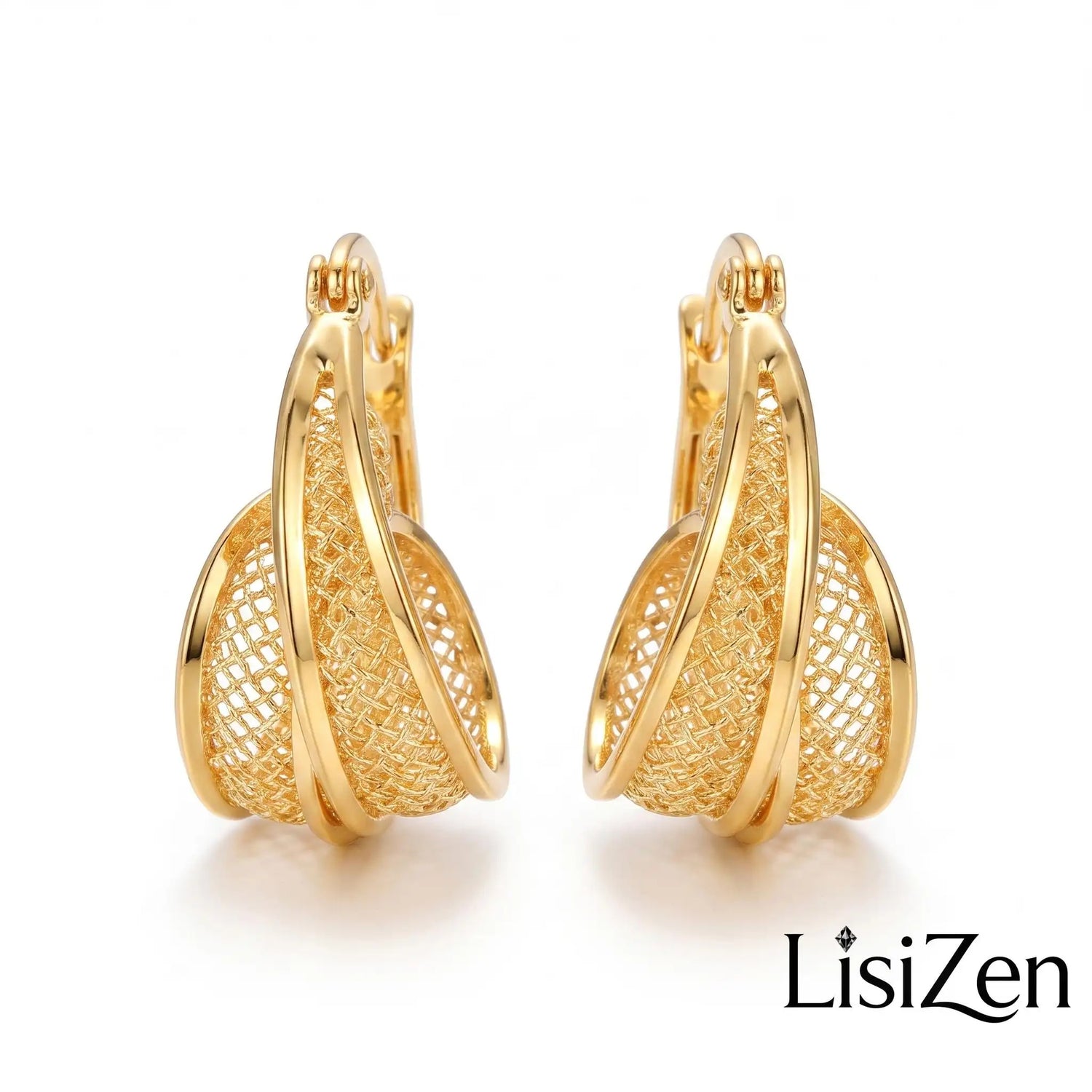 Gold Thread Mesh Hoop Earrings