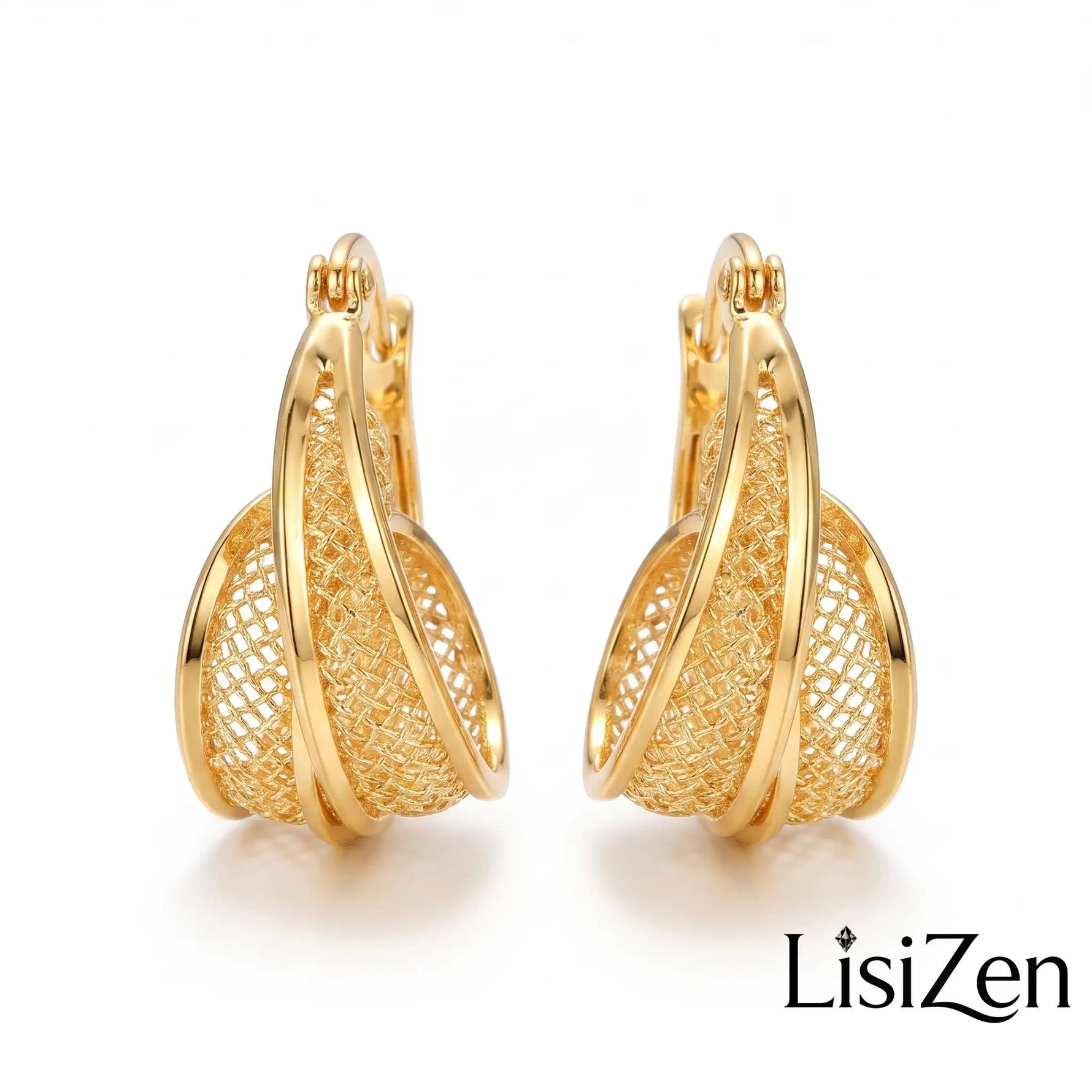 Gold Thread Mesh Hoop Earrings