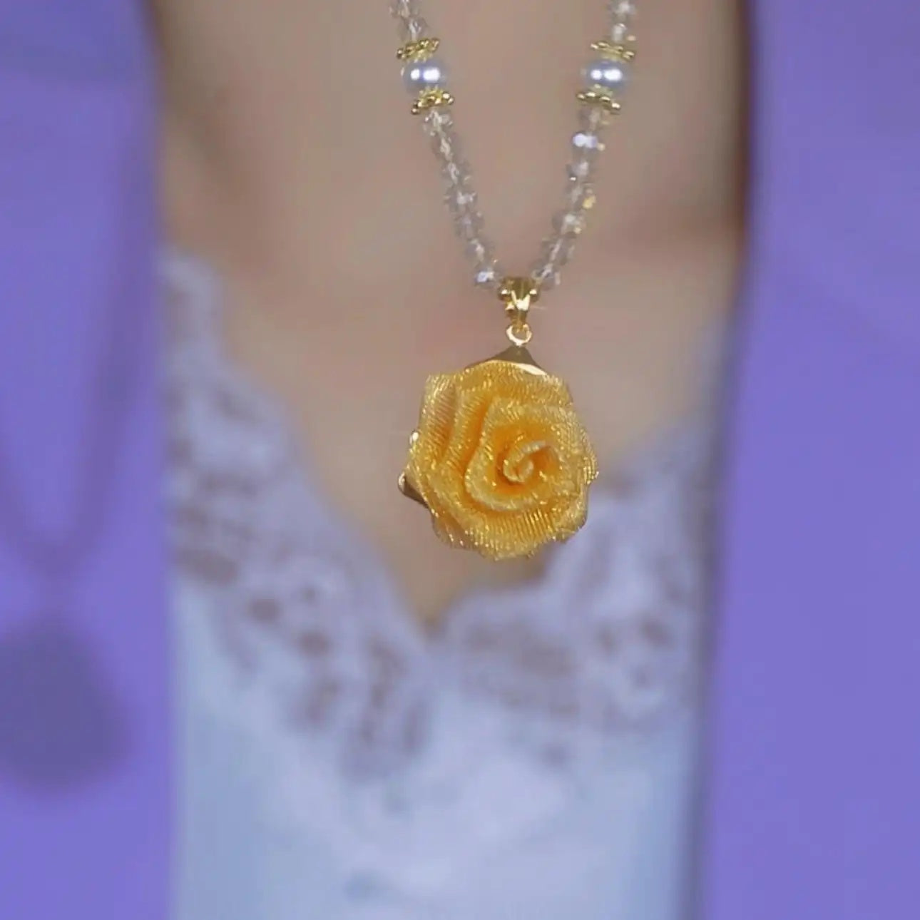 Gold-Tone Rose and Pearl Pendant Necklace