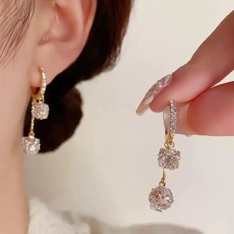 Gold Triple Crystal Ball Drop Earrings