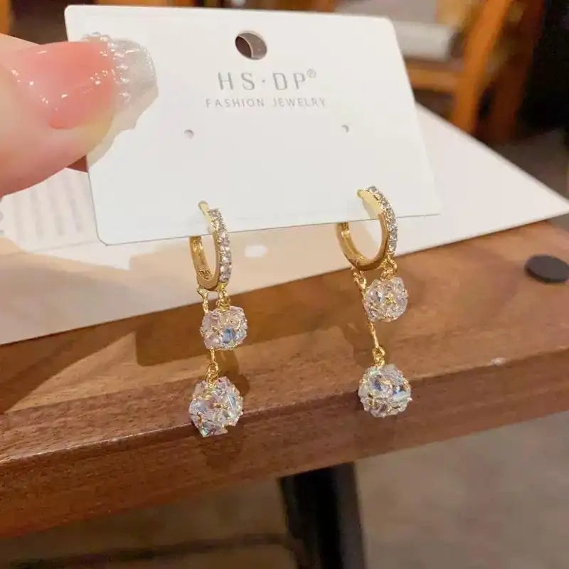 Gold Triple Crystal Ball Drop Earrings