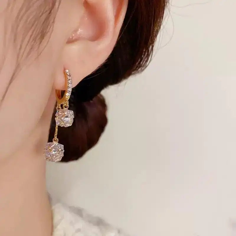 Gold Triple Crystal Ball Drop Earrings