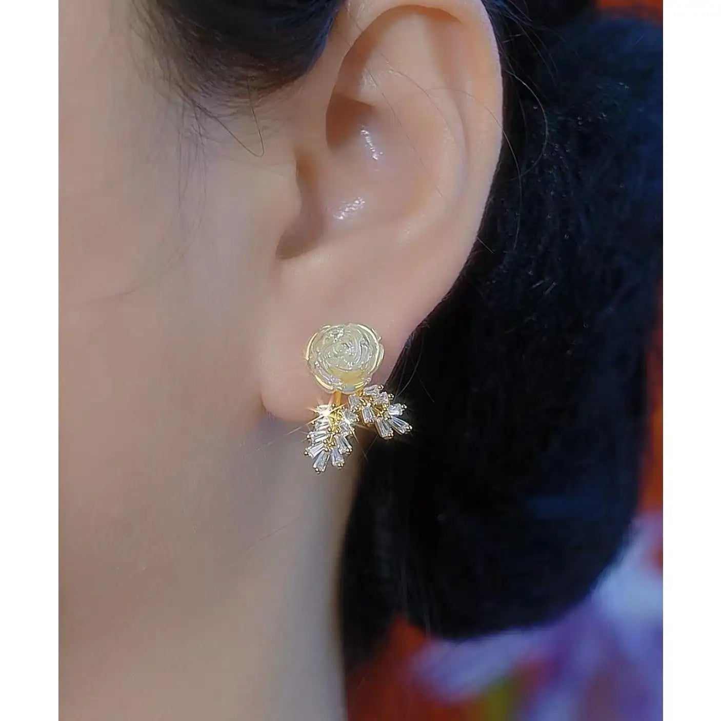 Gold Wheat Ear Camellia and Stud Earrings