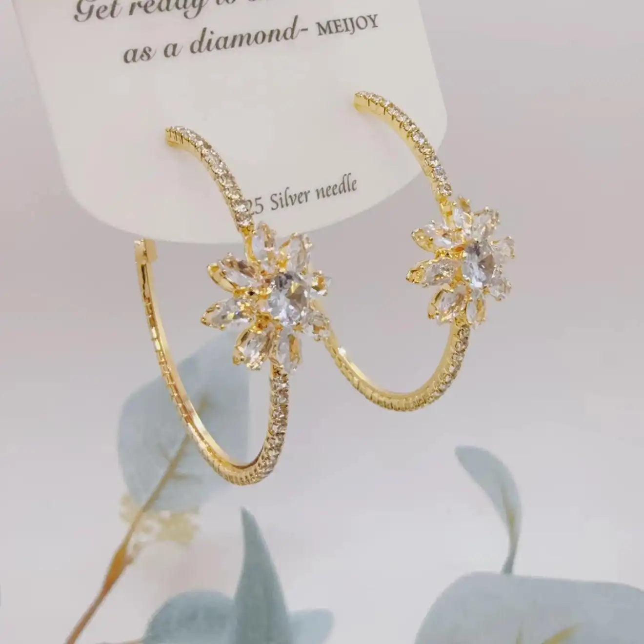 Gorgeous Exaggerated Crystal Ice Flower Hoop Earrings