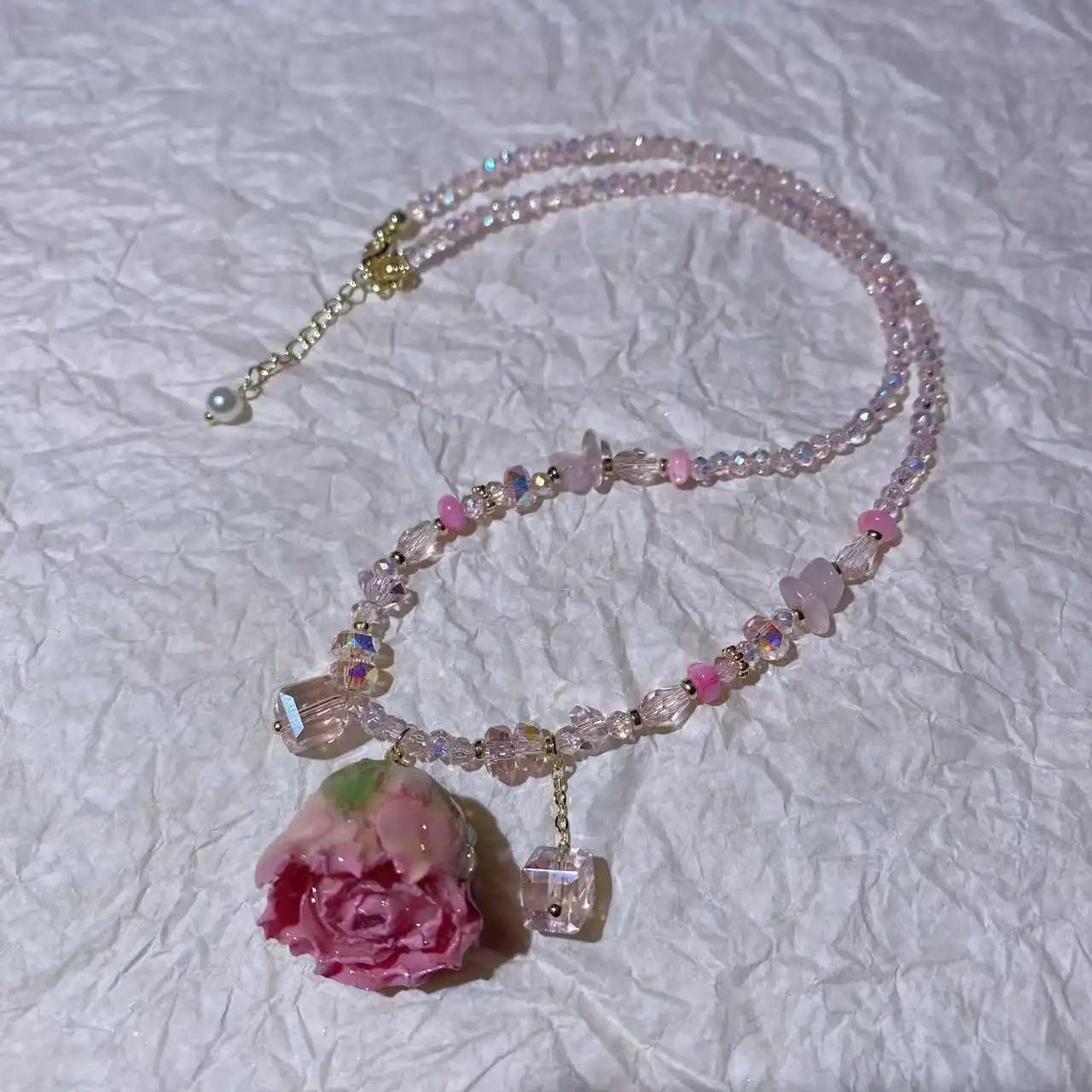 Gorgeous Floral Dew Pink Rose Necklace