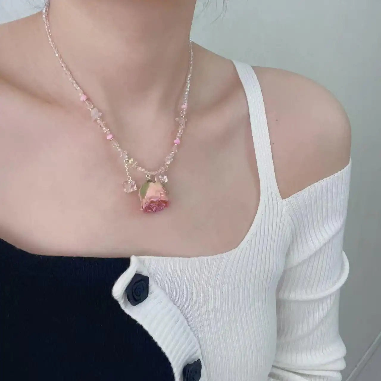 Gorgeous Floral Dew Pink Rose Necklace