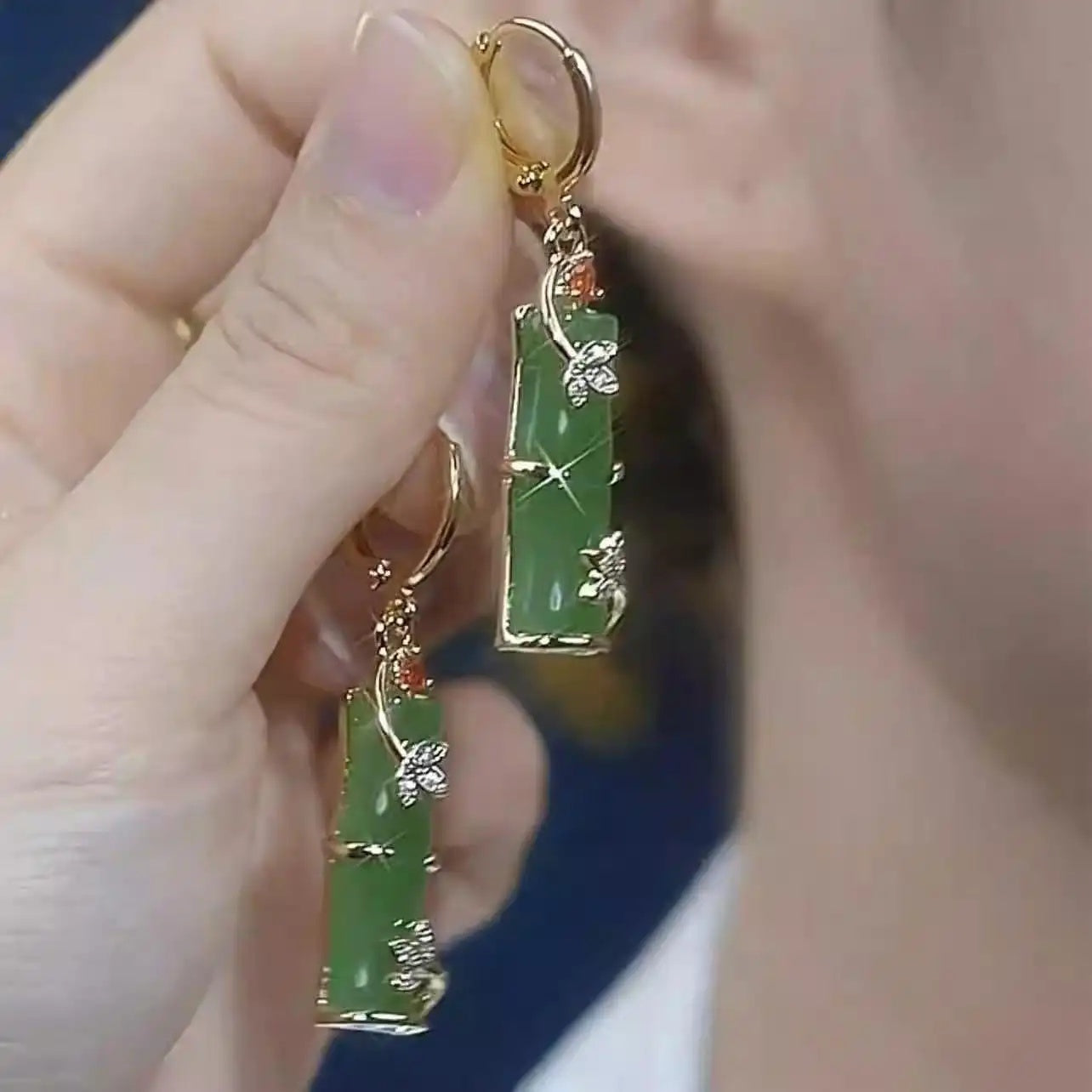 Green Bamboo Oriental Crystal Earrings