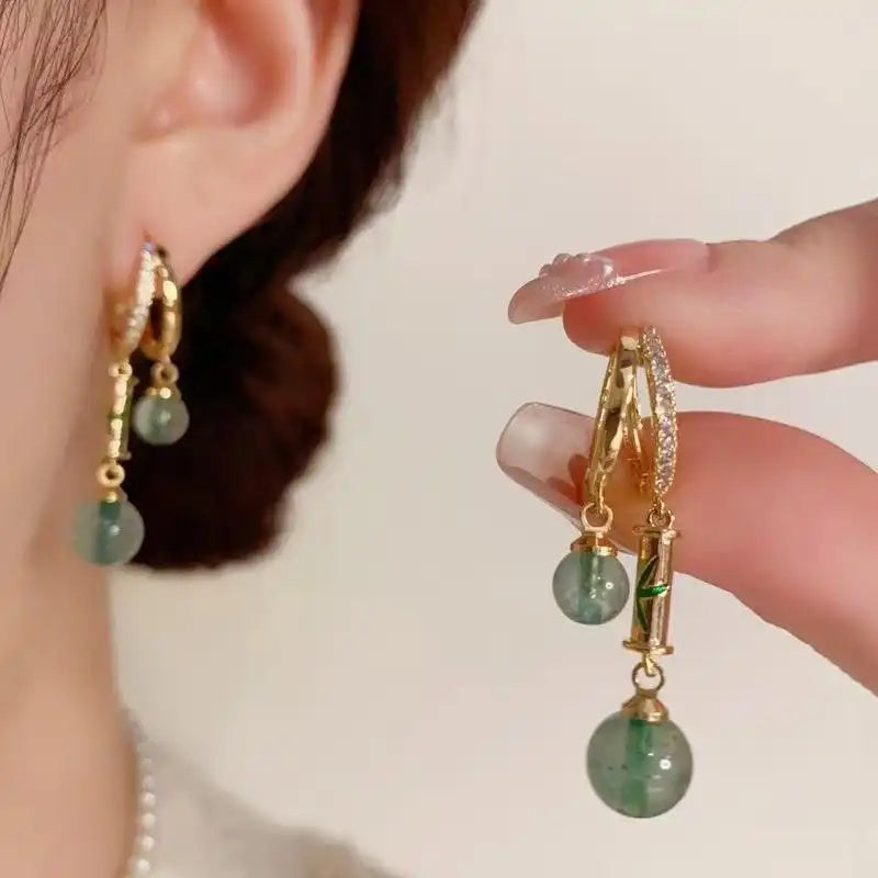 Green Bamboo Oriental Ghost Quartz Earrings