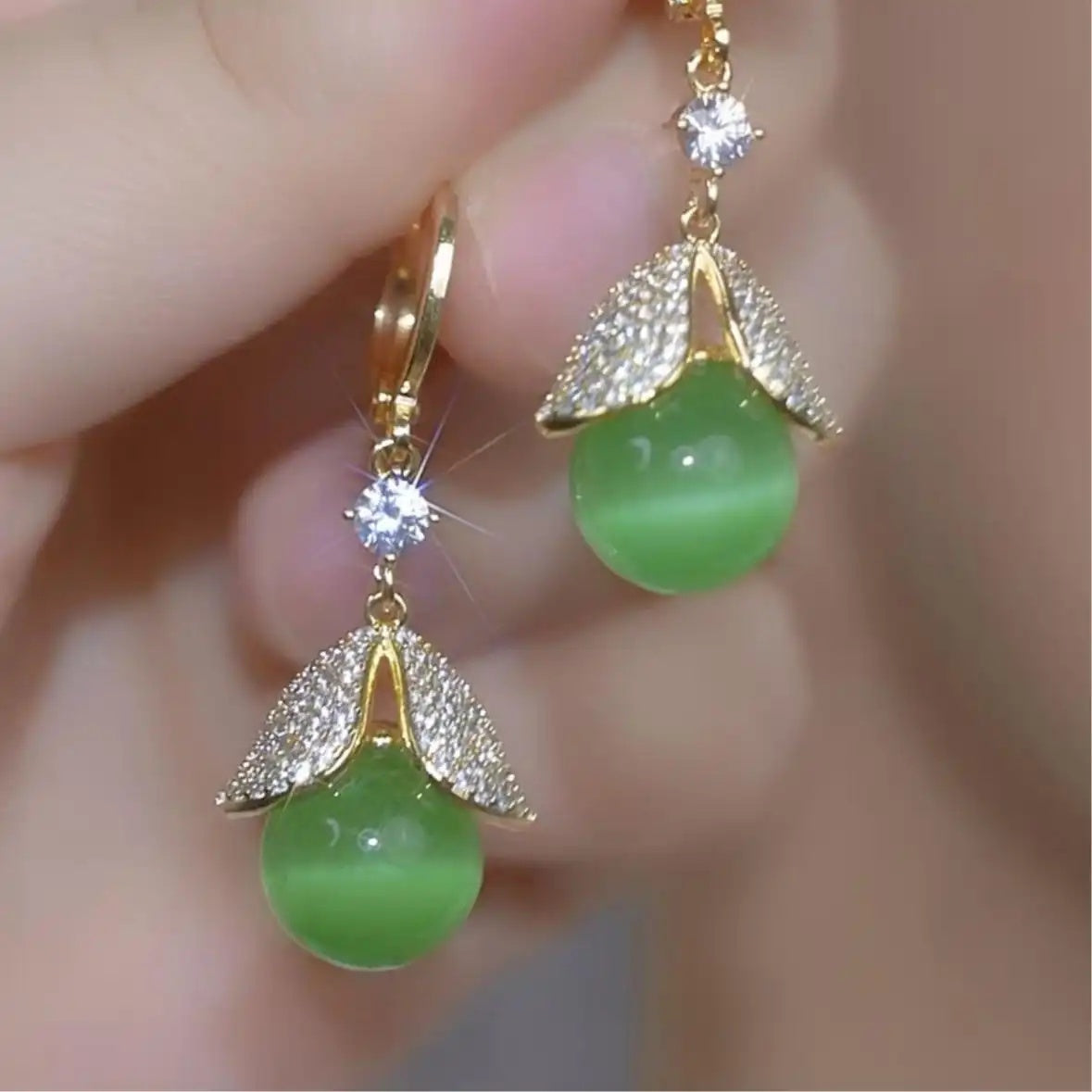 Green Bead Leaf Drop Earrings