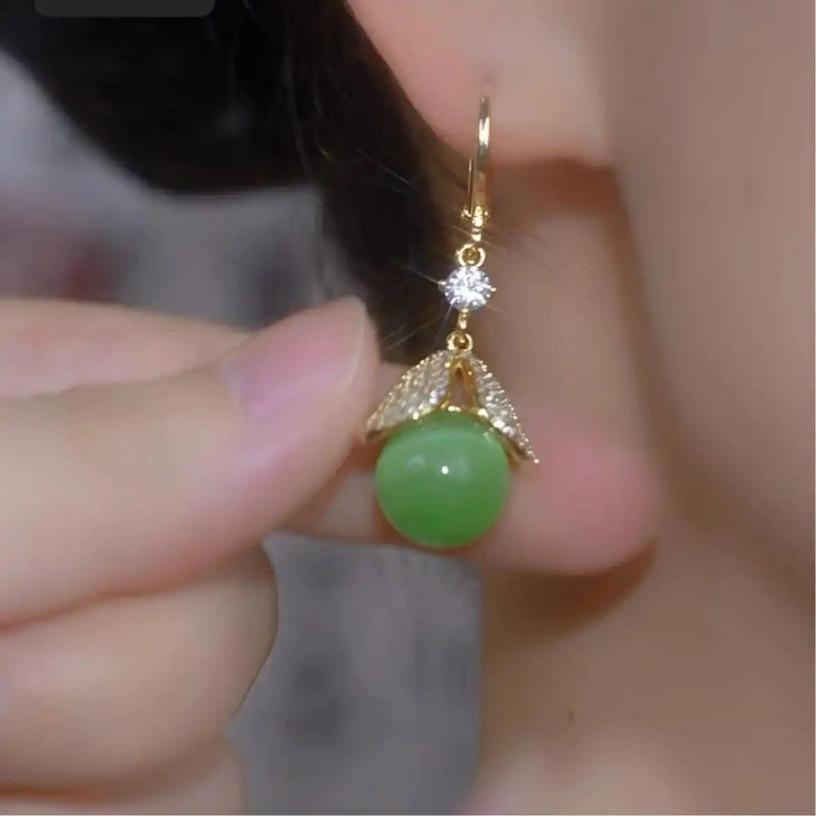 Green Bead Leaf Drop Earrings
