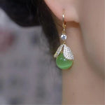 Green Bead Leaf Drop Earrings
