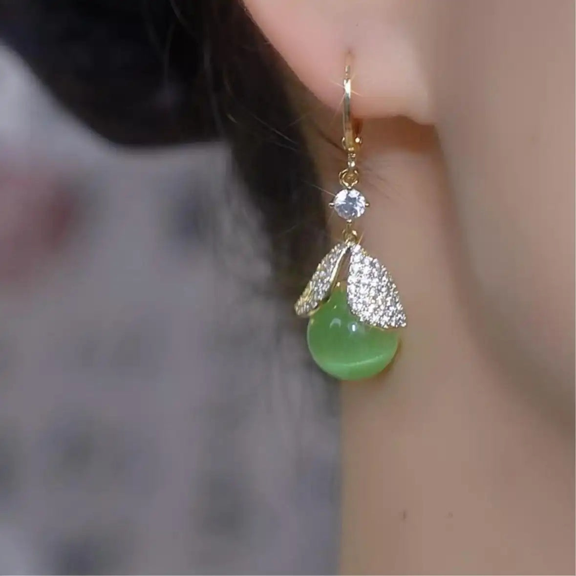 Green Bead Leaf Drop Earrings