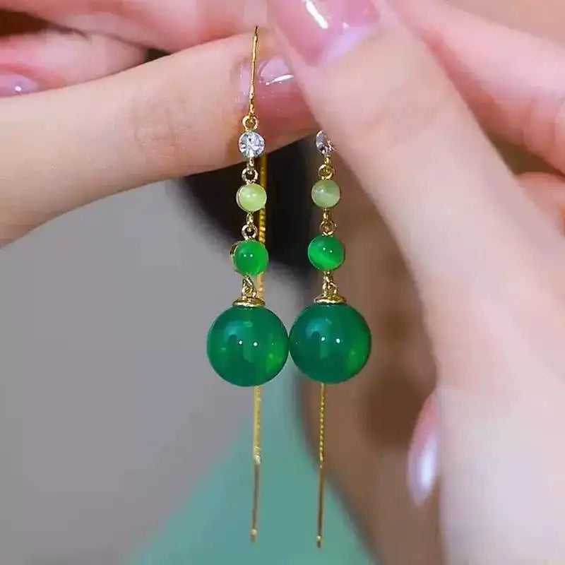 Green Bead Tassel Drop Earrings