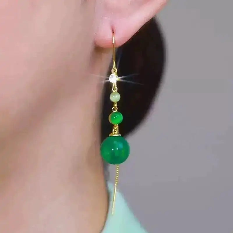Green Bead Tassel Drop Earrings