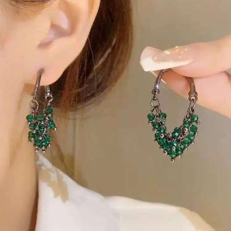 Green Bead Tassel Needle Long Drop Earrings