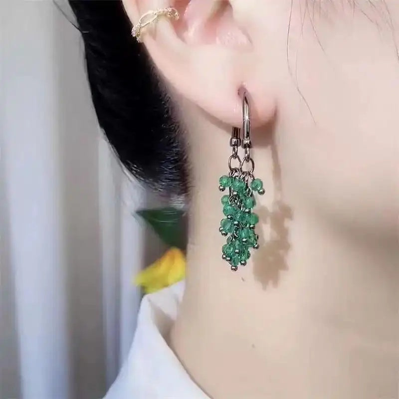 Green Bead Tassel Needle Long Drop Earrings