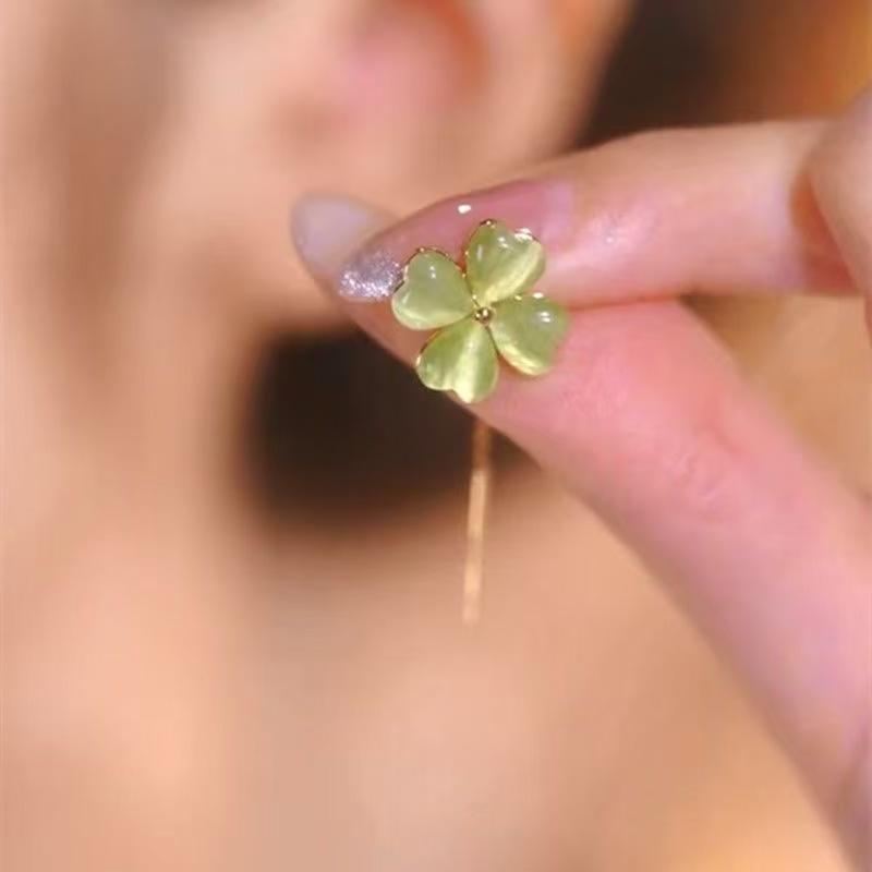 Green Cat Eye Flower Drop Earrings