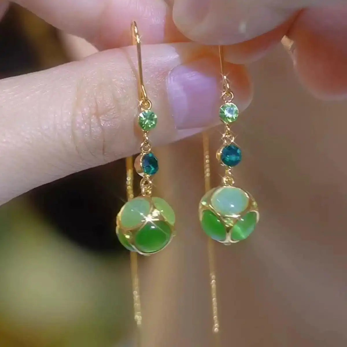 Green Cat Eye Tassel Drop Earrings